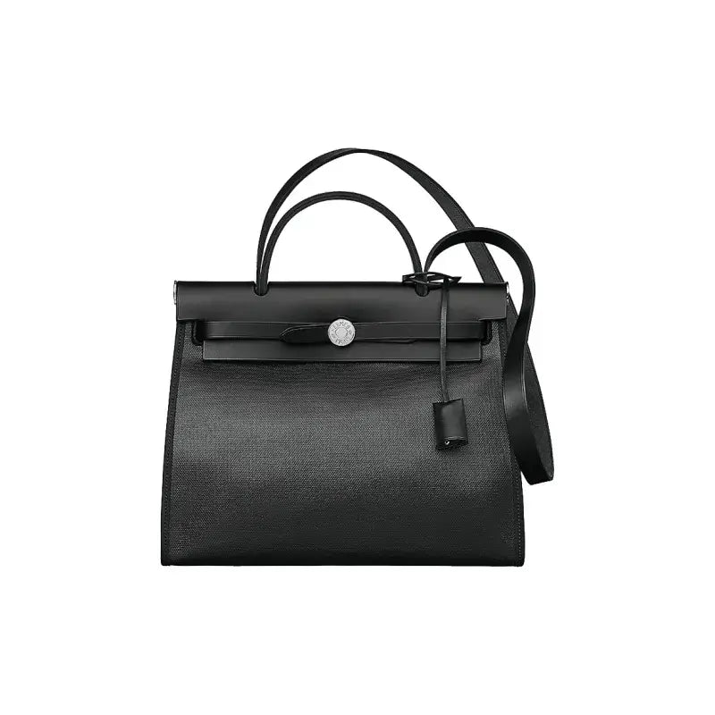 Hermès Herbag 39 shiny black luxury bag for women featuring durable canvas and calfskin leather, a stylish everyday bag.