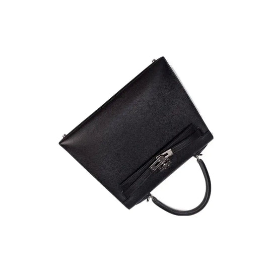 Hermes Kelly 25 black leather handbag with silver hardware, stylish and elegant luxury bag for women, perfect everyday bag.