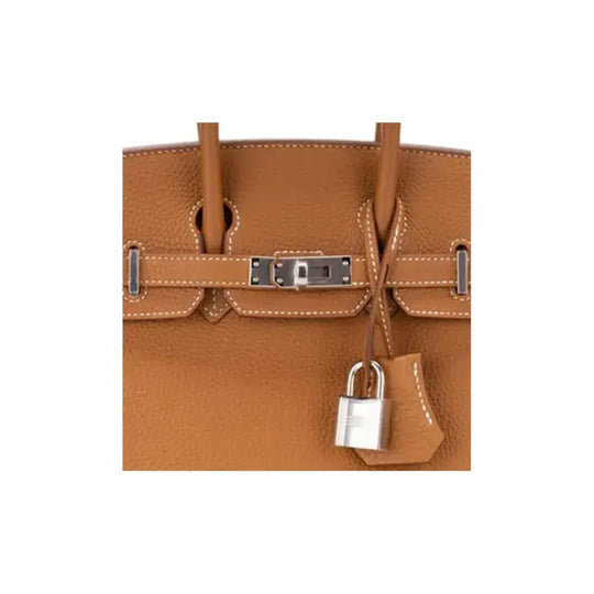 HERMES Birkin 25 brown togo leather handbag featuring silver hardware and elegant lock, a timeless luxury bag for women.