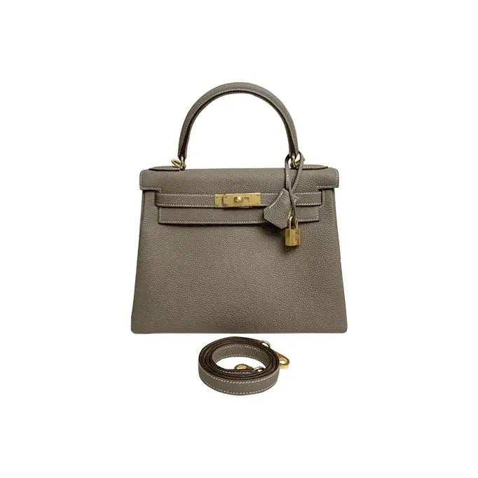 HERMES Kelly 25 elephant gray Togo leather luxury bag for women with gold hardware, perfect as a stylish purse or everyday bag.