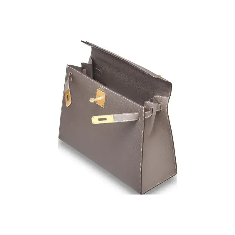 Hermès Kelly Bag in tin gray Epsom leather with gold hardware, high-quality luxury bag for women, stylish purse.